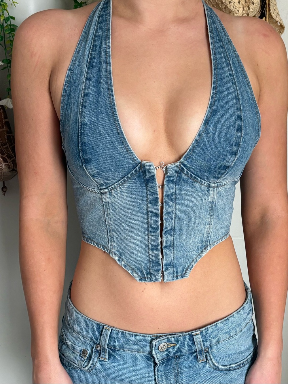 Edikted Faded Blue Denim Halter Corset Top